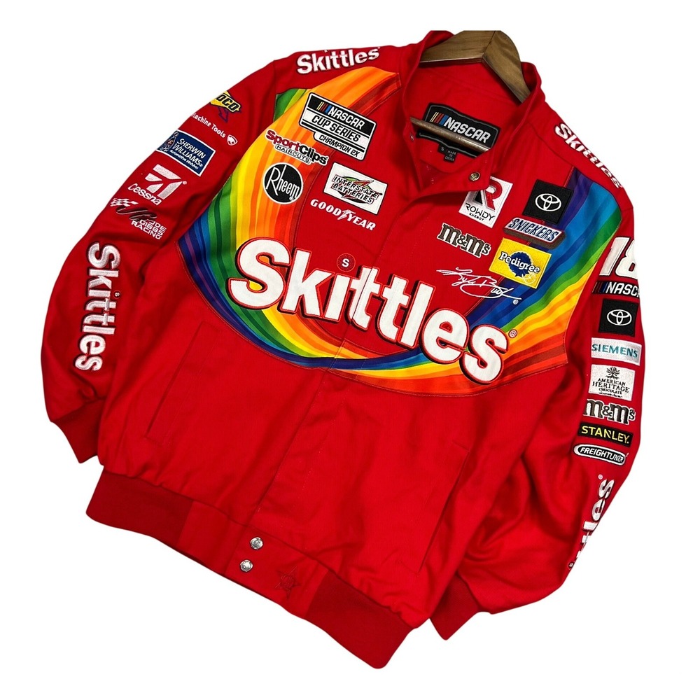 NASCAR JH Design Kyle Busch Skittles Racing Jacket Red Mens Small Patch Bomber